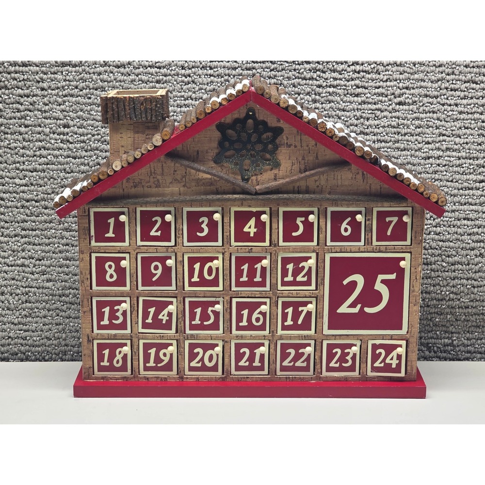 Rustic Wood Log Cabin Advent Calendar 25 Doors Christmas Countdown House Red